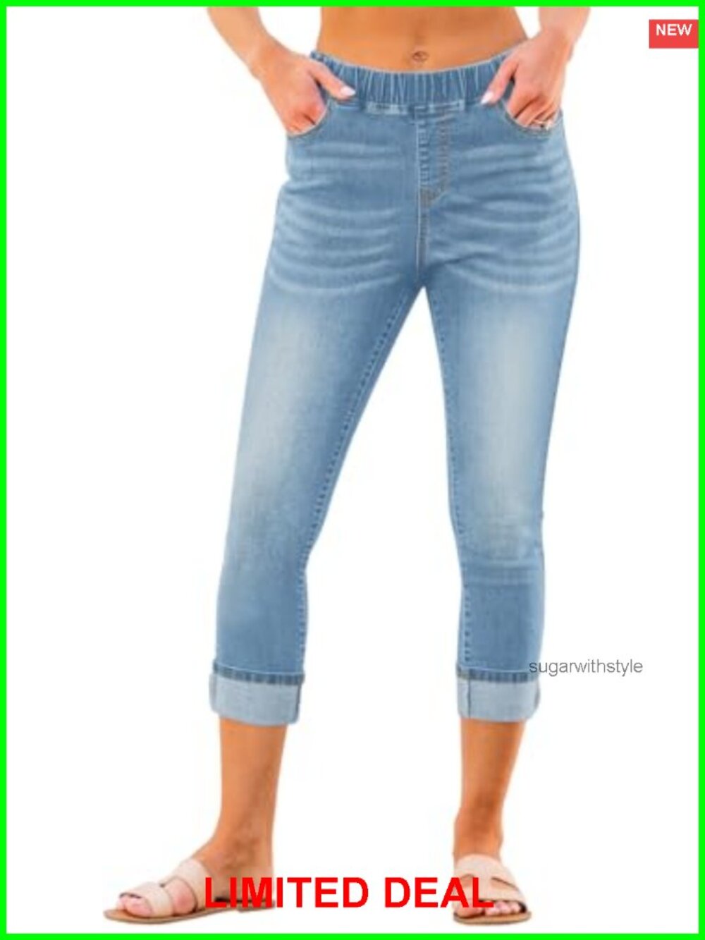 High Waist Cuffed Capri Jeans Stretchy Slim Fit Denim Cropped Pants